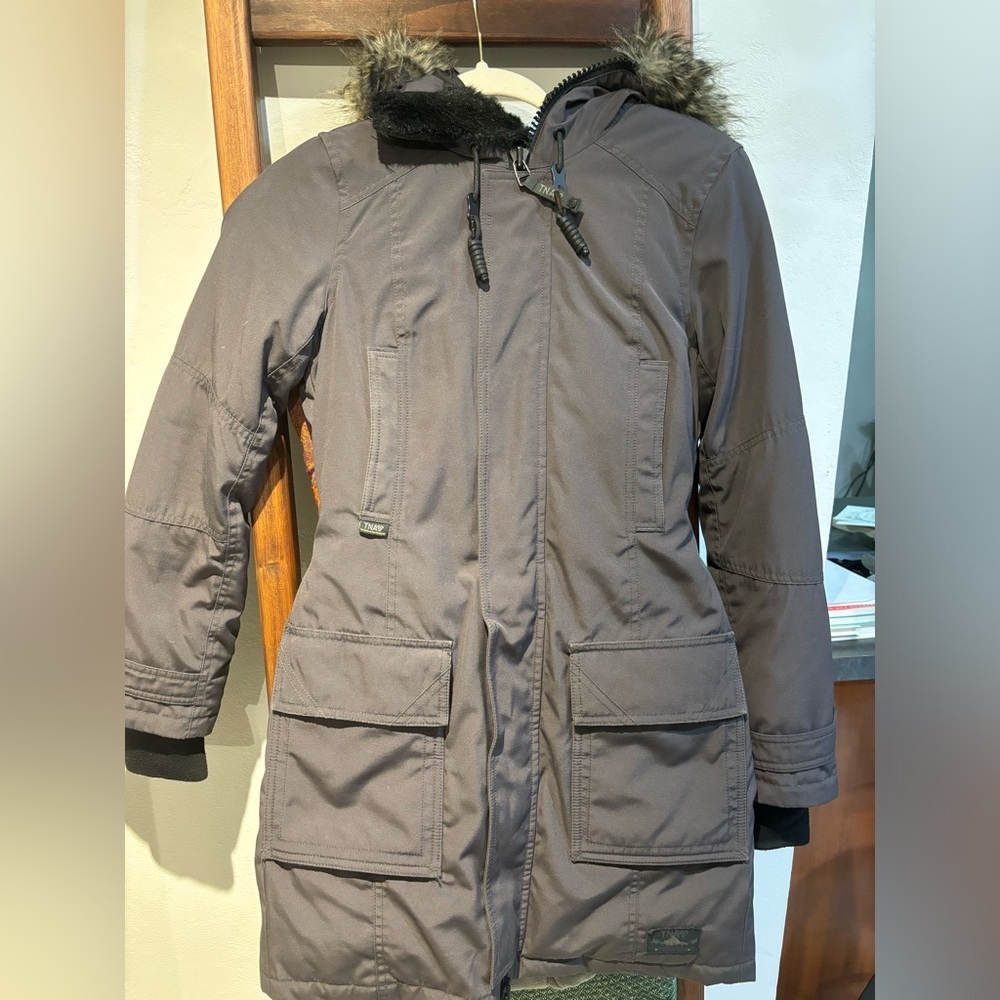TNA by Aritzia Bancroft Golden Gray Down Puffer Parka Faux Fur Hood Coat XS